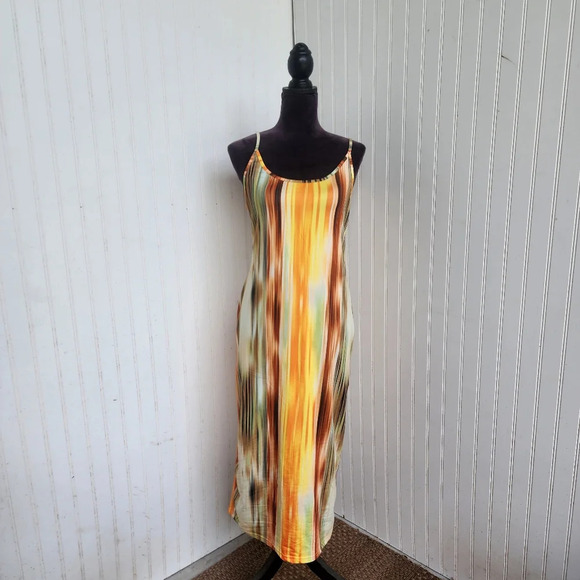 SHEIN BASICS Curved Hem Solid Cami Dress Stretch Yellow Brown Striped Sz MD5 - Picture 1 of 10